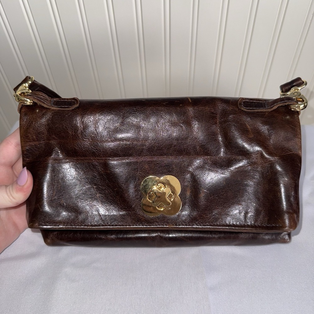 Satchel Savannah Georgia Dark Brown Leather Turnlock Flower Crossbody Bag Purse